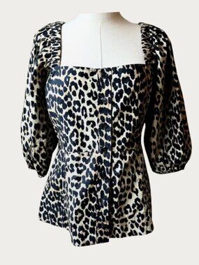 GANNI Leopard Puff Sleeve Peplum Blouse Top EU 42 US 8–10